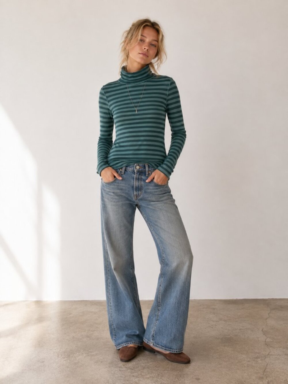 FREE PEOPLE We The Free Good Good Stripe Mock Neck Top Teal Rainforest Sz S NWT - Picture 6 of 6